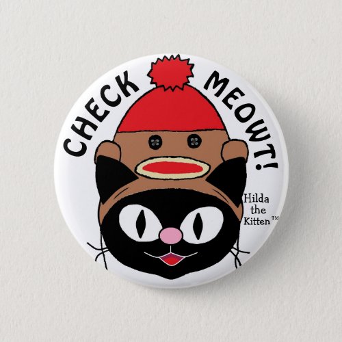 CHECK MEOWT Black Cartoon Cat w Sock Monkey Hat Button