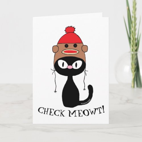 Check Meowt Black Cat w Sock Monkey Hat Birthday Card