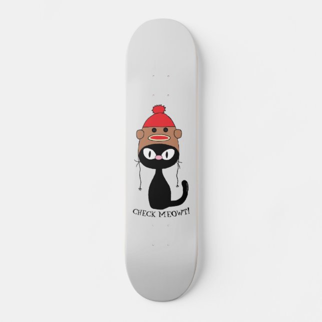 Check Meowt Black Cat w/ Sock Monkey Hat Skateboard (Front)