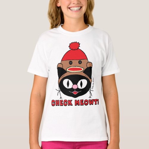 CHECK MEOWT Black Cat w Sock Monkey Hat T_Shirt