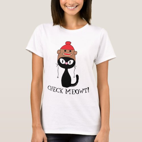 CHECK MEOWT Black Cat With Sock Monkey Hat T_Shirt