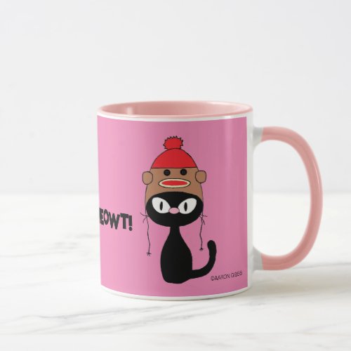 Check Meowt Cartoon Black Cat w Sock Monkey Hat Mug