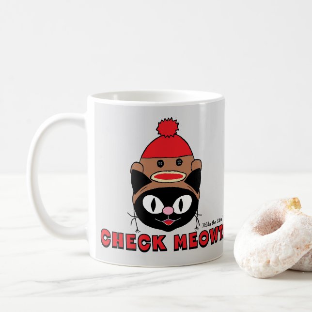 CHECK MEOWT! Cartoon Kitty with Sock Monkey Hat Coffee Mug (With Donut)
