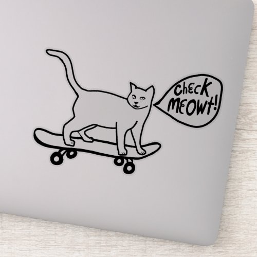CHECK MEOWT Cute Skateboarding Cat Black White Sticker
