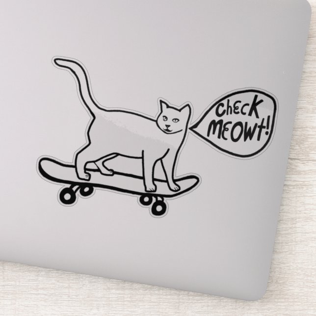 CHECK MEOWT! Cute Skateboarding Cat Black White Sticker (Detail)