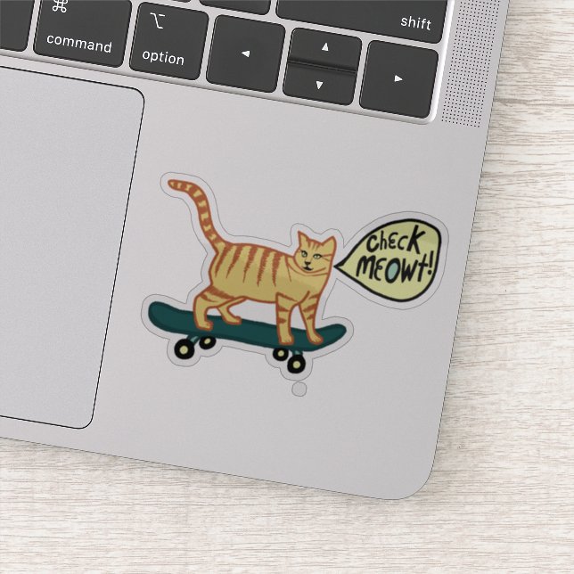CHECK MEOWT! Cute Skateboarding Tabby Cat Sticker (Detail)