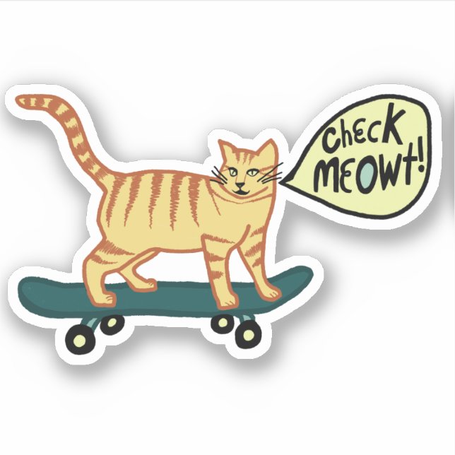 CHECK MEOWT! Cute Skateboarding Tabby Cat Sticker (Front)
