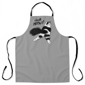 Check Meowt! Funny Black and White Cat Sploot Apron