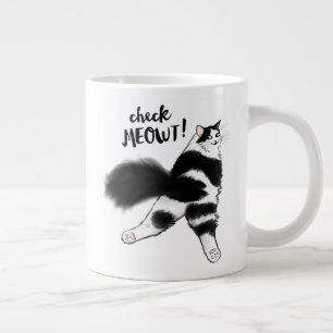 Check Meowt! Funny Black and White Cat Sploot Giant Coffee Mug