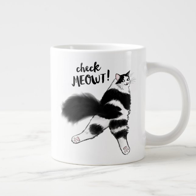 Check Meowt! Funny Black and White Cat Sploot Giant Coffee Mug (Right)