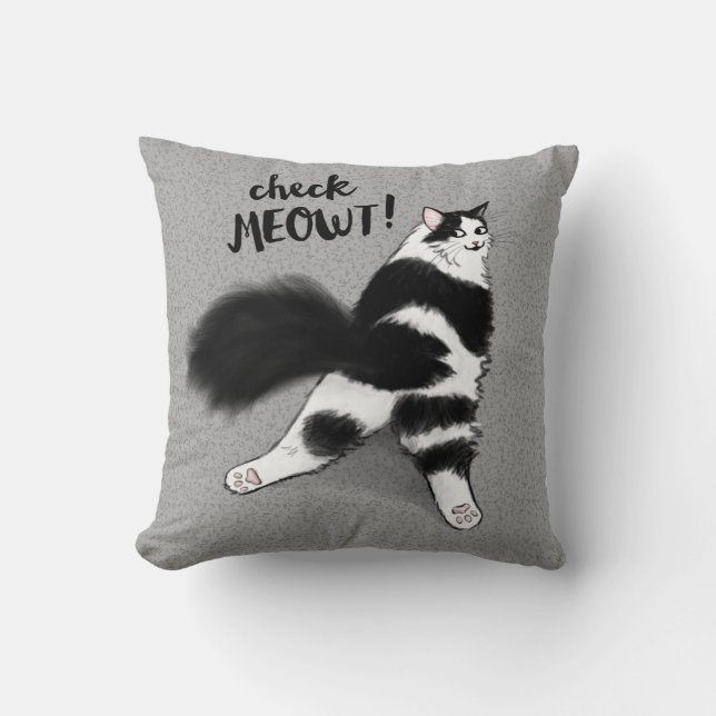 Check Meowt! Funny Black and White Cat Sploot Throw Pillow (Front)