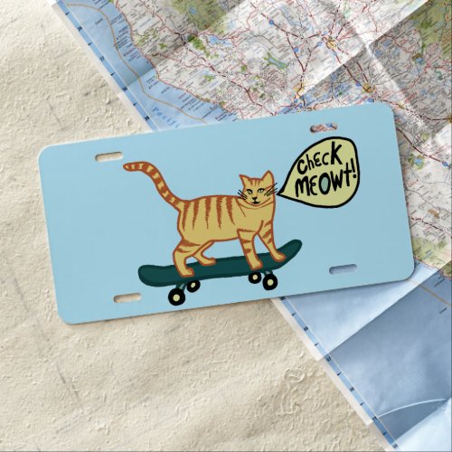 CHECK MEOWT Funny Tabby Cat Skateboarding License Plate