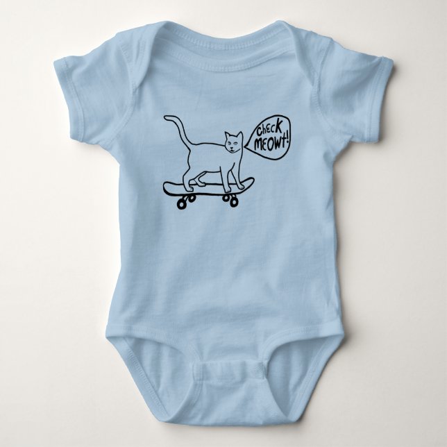 Check Meowt Punny Skateboarding Cat Baby Bodysuit (Front)