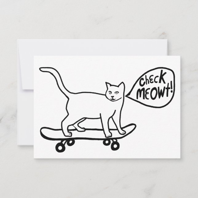 Check Meowt Punny Skateboarding Cat Black Card (Front)