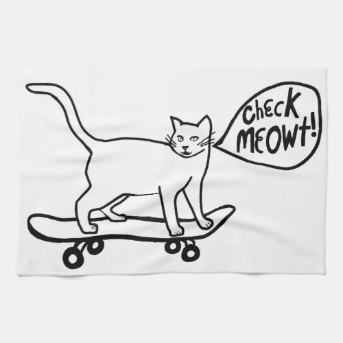 Check Meowt Punny Skateboarding Cat Black White Kitchen Towel