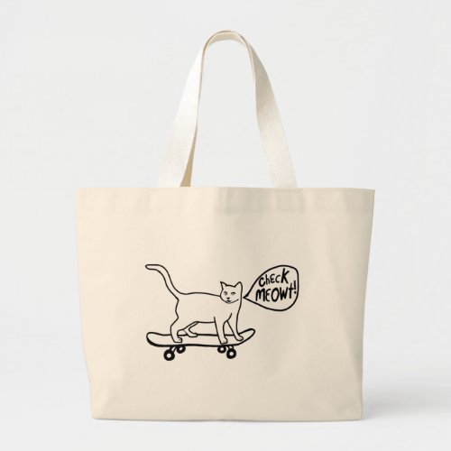 Check Meowt Punny Skateboarding Cat Black White Large Tote Bag