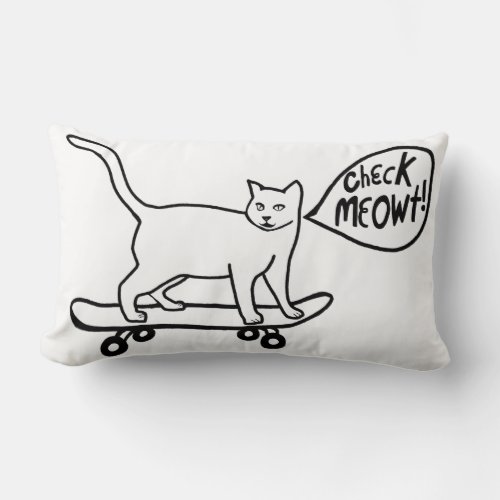 Check Meowt Punny Skateboarding Cat Black White Lumbar Pillow