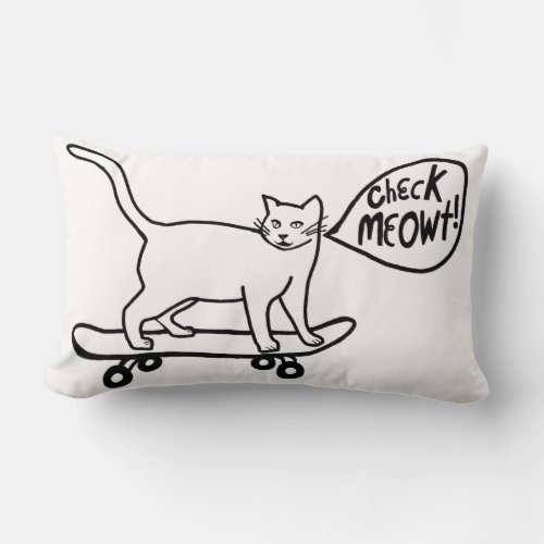 Check Meowt Punny Skateboarding Cat Black White Lumbar Pillow