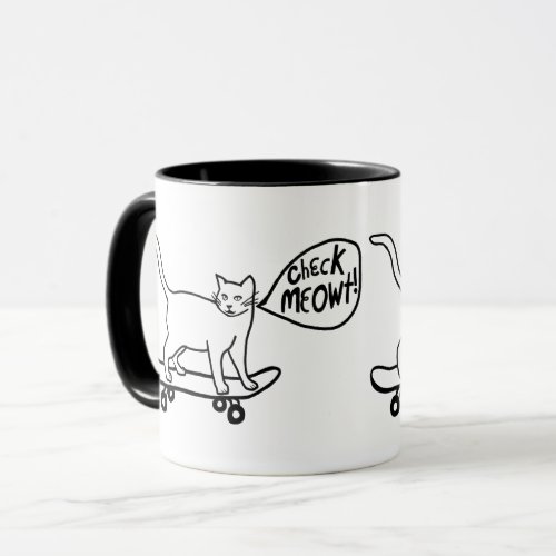 Check Meowt Punny Skateboarding Cat Black White Mug