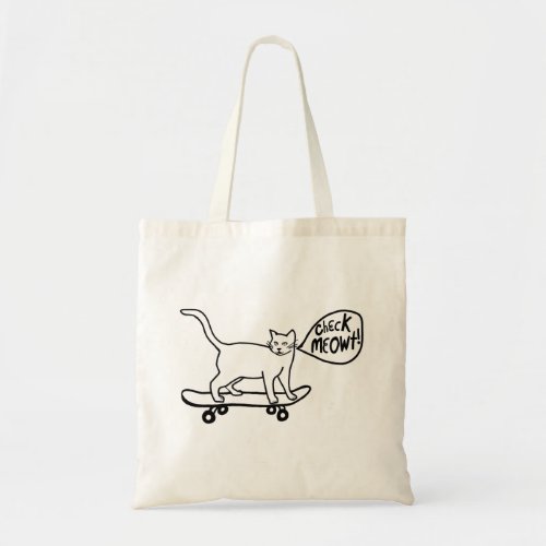 Check Meowt Punny Skateboarding Cat Black White Tote Bag