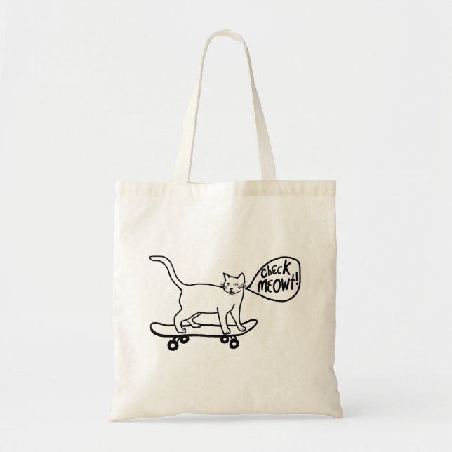 Check Meowt Punny Skateboarding Cat Black White Tote Bag (Front)