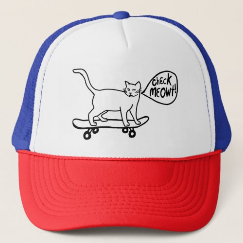Check Meowt Punny Skateboarding Cat Black White Trucker Hat