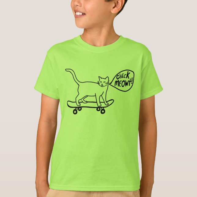 Check Meowt Punny Skateboarding Cat T-Shirt (Front)