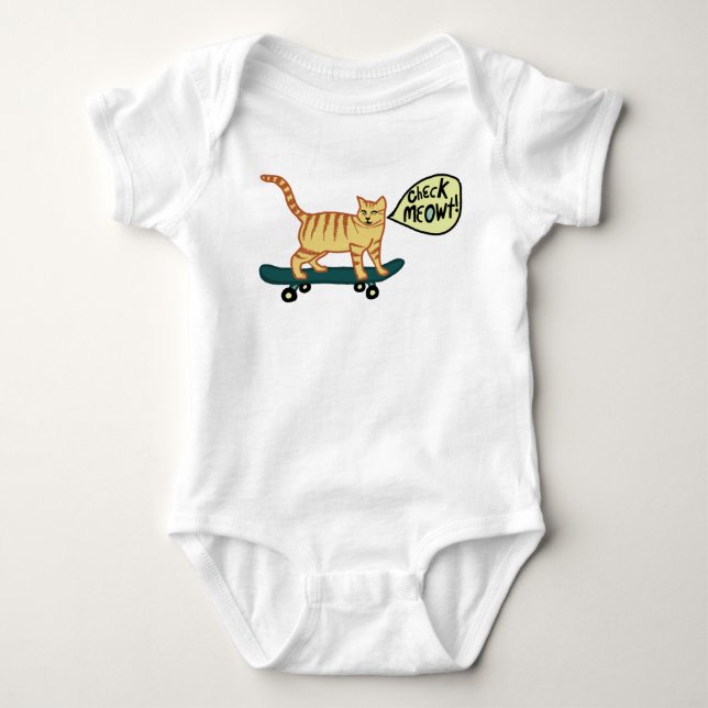 Check Meowt Punny Skateboarding Tabby Cat Baby Bodysuit (Front)