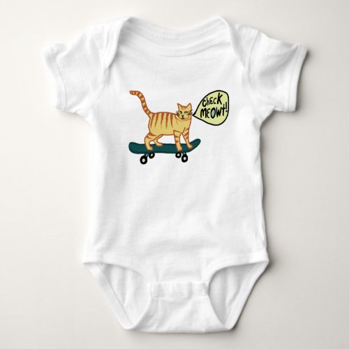 Check Meowt Punny Skateboarding Tabby Cat Baby Bodysuit