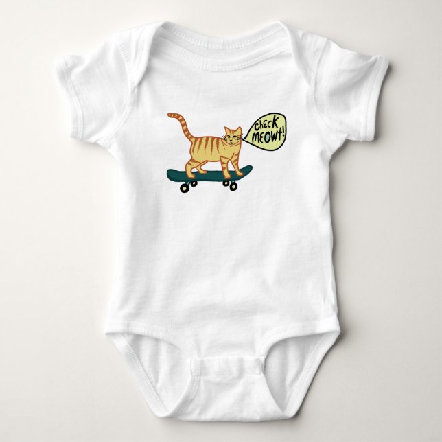 Check Meowt Punny Skateboarding Tabby Cat Baby Bodysuit (Front)