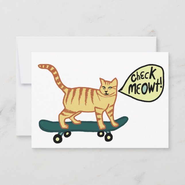 Check Meowt Punny Skateboarding Tabby Cat Card (Front)