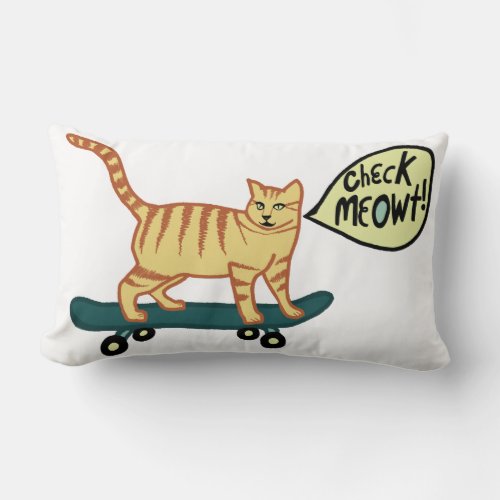 Check Meowt Punny Skateboarding Tabby Cat Lumbar Pillow