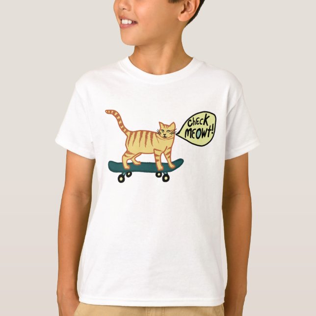 Check Meowt Punny Skateboarding Tabby Cat T-Shirt (Front)