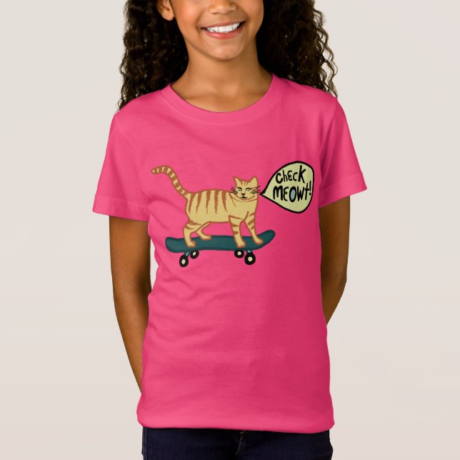 Check Meowt Punny Skateboarding Tabby Cat T-Shirt (Front)