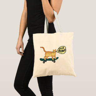 Check Meowt Punny Skateboarding Tabby Cat Tote Bag