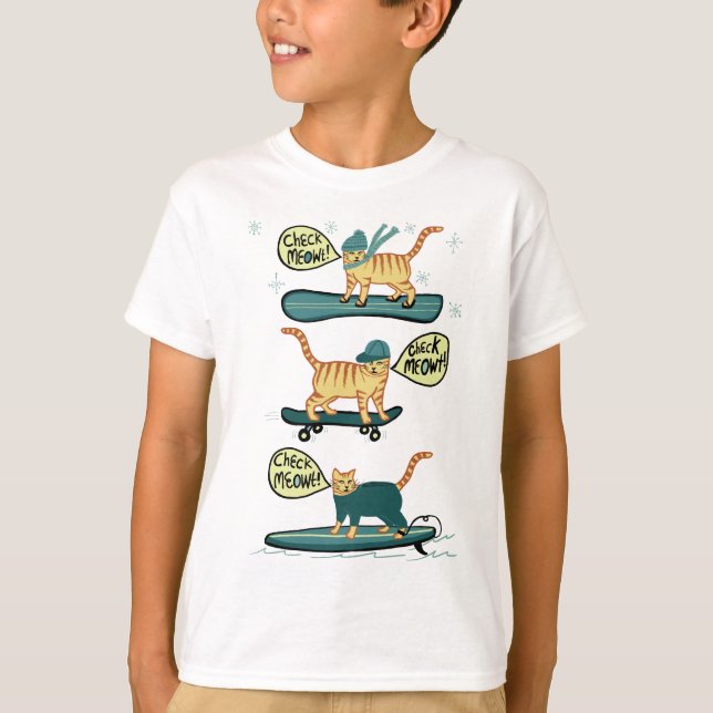 Check Meowt! Skateboard Snowboard Surfer Tabby Cat T-Shirt (Front)