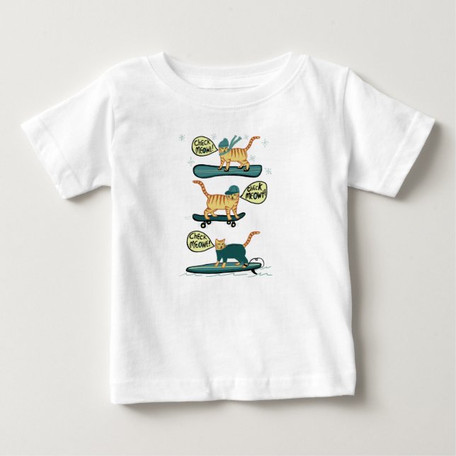 Check Meowt! Skateboard Surf Snowboard Tabby Cat Baby T-Shirt (Front)