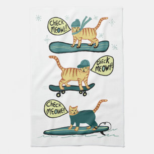 Check Meowt! Skateboard Surf Snowboard Tabby Cat Kitchen Towel
