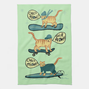 Check Meowt! Skateboard Surf Snowboard Tabby Cat Kitchen Towel