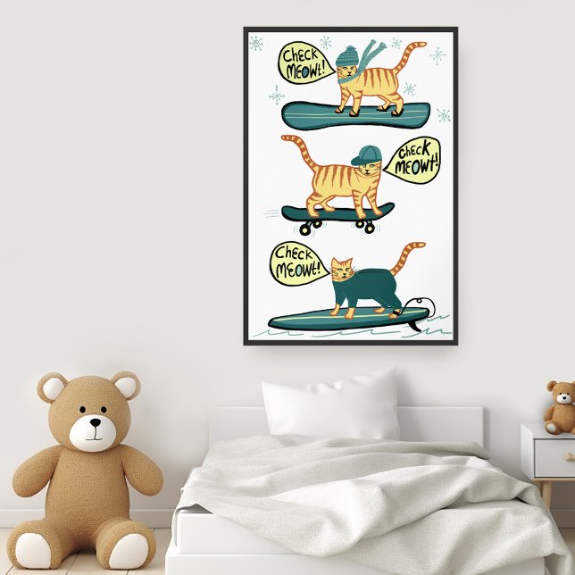 Check Meowt! Skateboard Surfer Snowboard Tabby Cat Poster (Check Meowt! Skateboard Surfer Snowboard Tabby Cat Wall Art Poster perfect for kids room)