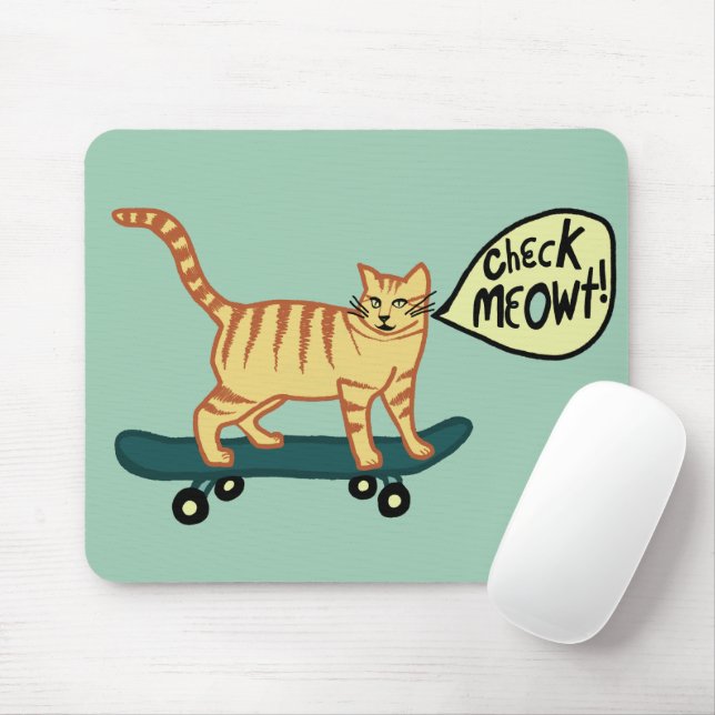CHECK MEOWT Skateboarding Tabby Cat Green Mouse Pad (With Mouse)