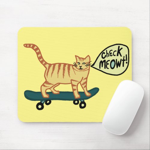 CHECK MEOWT Skateboarding Tabby Cat Yellow Mouse Pad