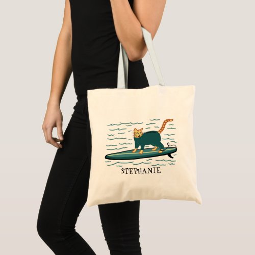 Check Meowt Surfing Tabby Cat CUSTOMIZE IT Tote Bag