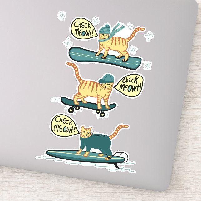 CHECK MEOWT! Tabby Cat Skateboard Surf Snowboard Sticker (Detail)