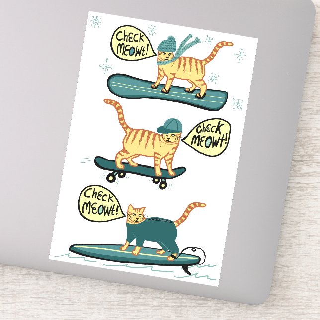 CHECK MEOWT! Tabby Cat Skateboard Surf Snowboard Sticker (Detail)