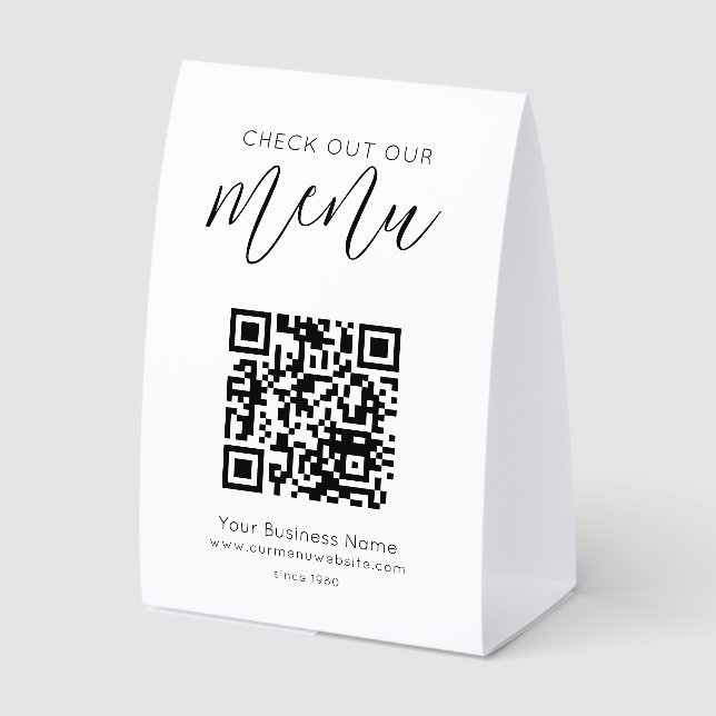 Check Out Our Menu Qr Code Black White Chic Modern Paper Table Tent (Front)