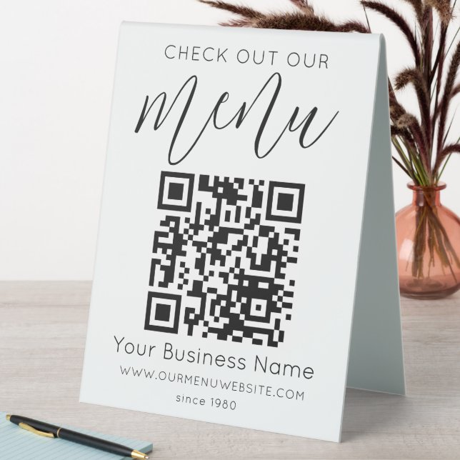 Check Out Our Menu Qr Code Black White Chic Modern Table Tent (In SItu (Table))