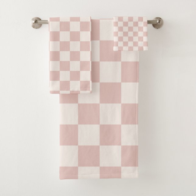 Check Pale Beige Checkered Pattern Checkerboard Bath Towel Set (Insitu)