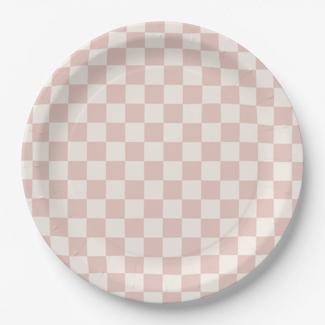 Check Pale Beige Checkered Pattern Checkerboard Paper Plates (Front)