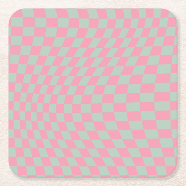 Check Pattern Mint Green And Pink Checkerboard Square Paper Coaster (Front)